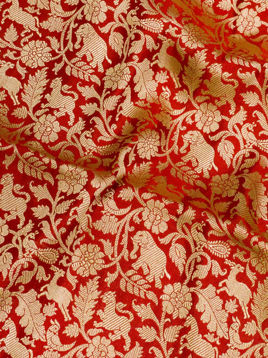 Pure Katan Silk Red Banarasi Exquisitely woven using traditional Khaddi weaving techniques and enriched with an - ZARISPIRE