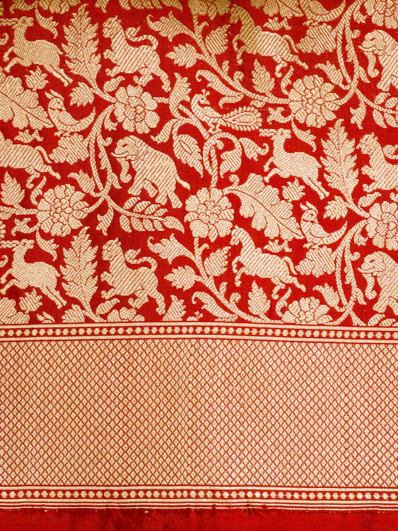 Bright Red Shikargah Pure Katan Silk Handloom Saree Zari Brocade