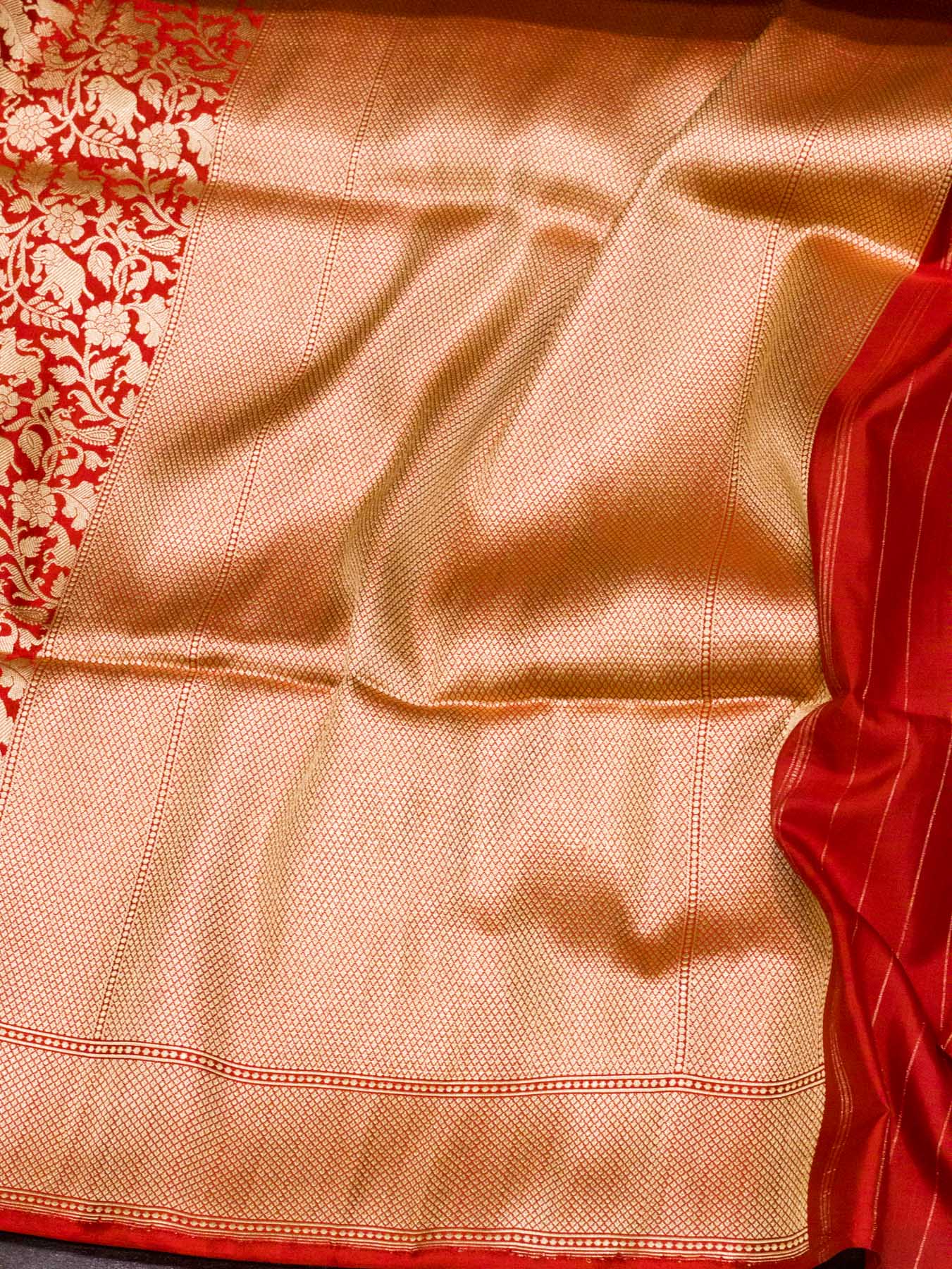 Bright Red Shikargah Pure Katan Silk Handloom Saree Zari Brocade