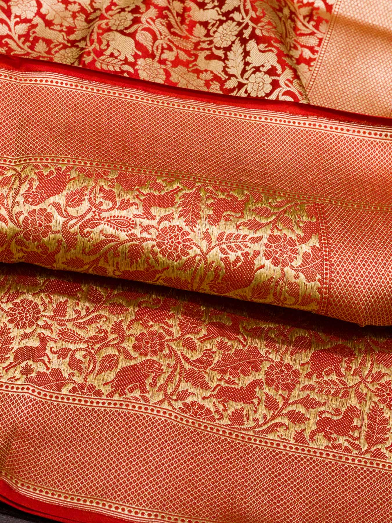 Bright Red Shikargah Pure Katan Silk Handloom Saree Zari Brocade