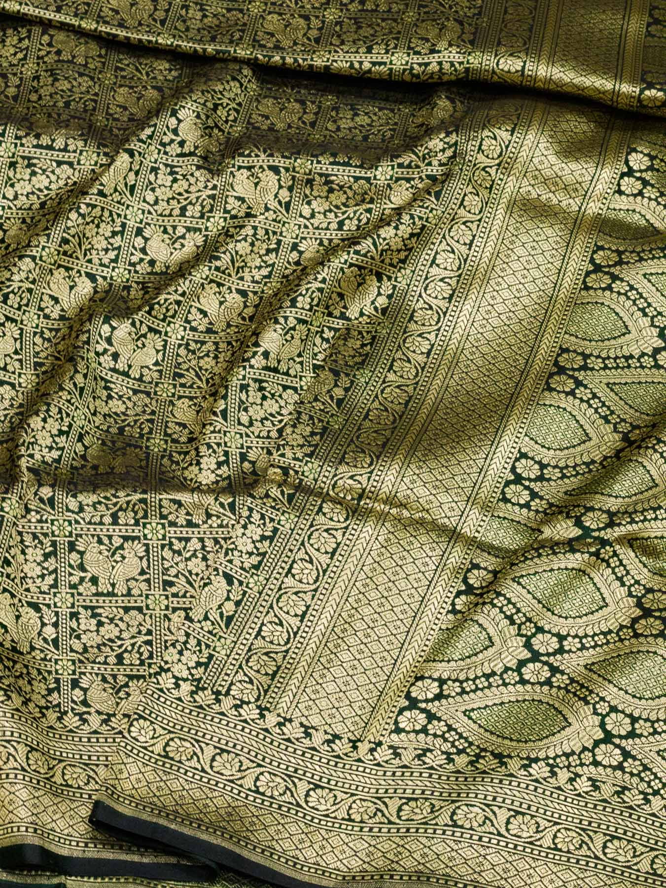 Bottle Green Shikargah Pure Katan Silk Handloom Saree Zari Brocade