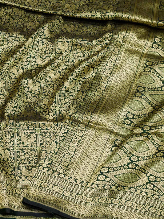 Bottle Green Shikargah Pure Katan Silk Handloom Saree Zari Brocade