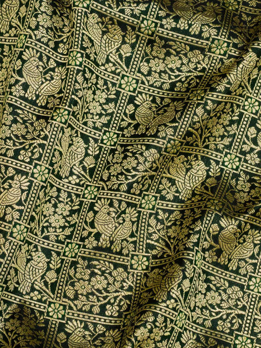 Pure Katan Silk Bottle Green Banarasi Exquisitely woven using traditional Khaddi weaving techniques and enriched - ZARISPIRE