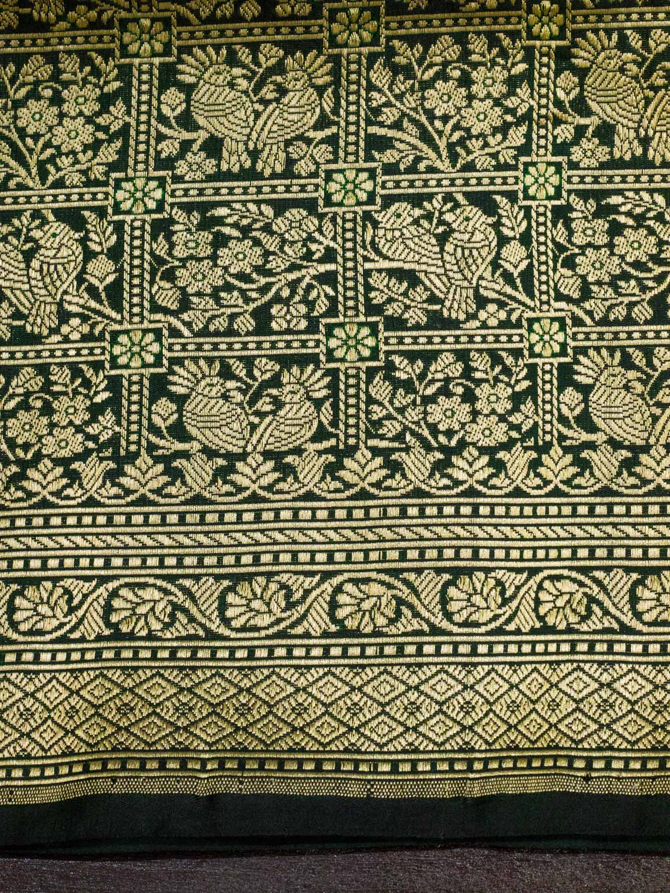 Bottle Green Shikargah Pure Katan Silk Handloom Saree Zari Brocade