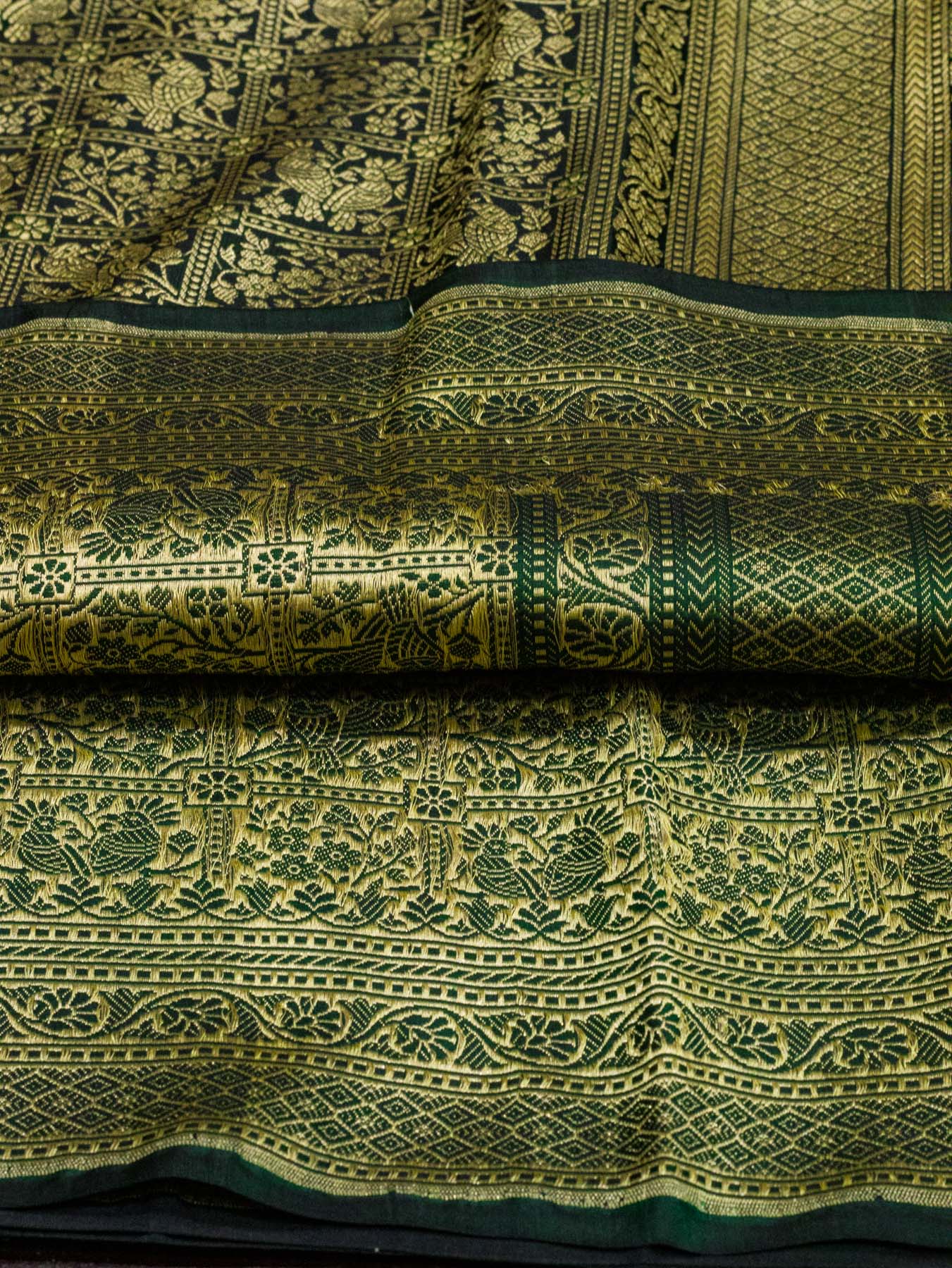 Bottle Green Shikargah Pure Katan Silk Handloom Saree Zari Brocade