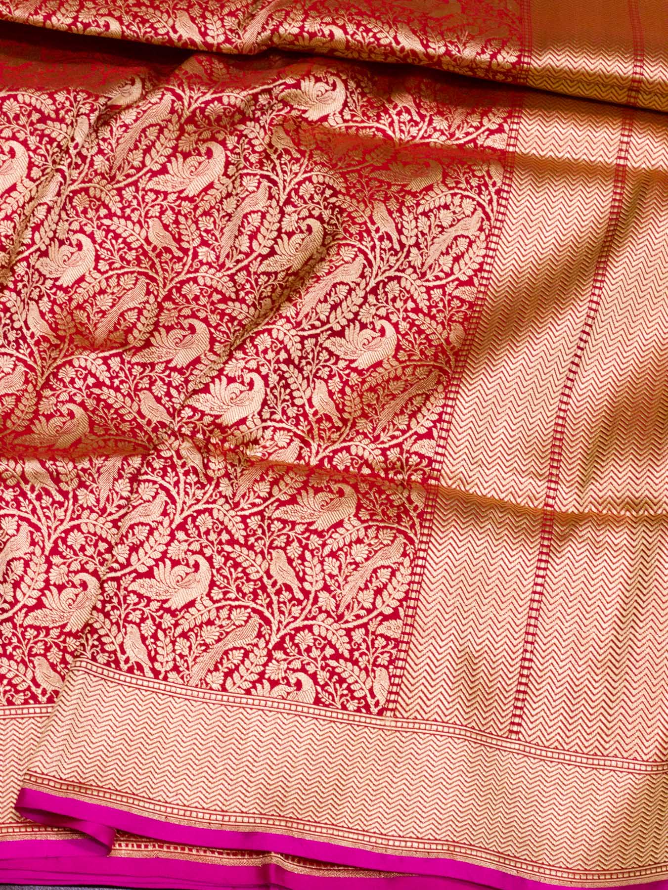 Rani Pink Shikargah Pure Katan Silk Handloom Saree Zari Brocade