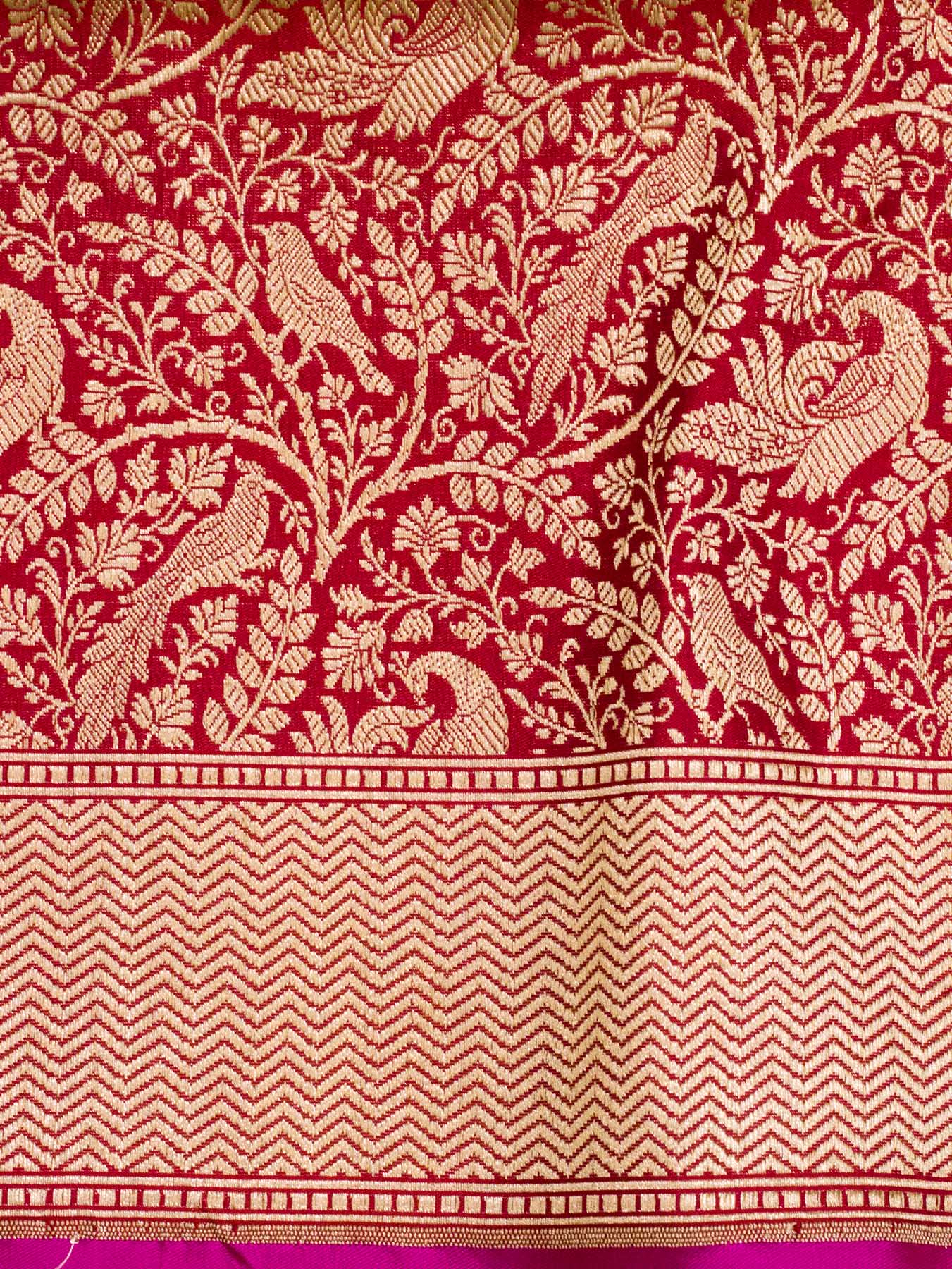 Rani Pink Shikargah Pure Katan Silk Handloom Saree Zari Brocade