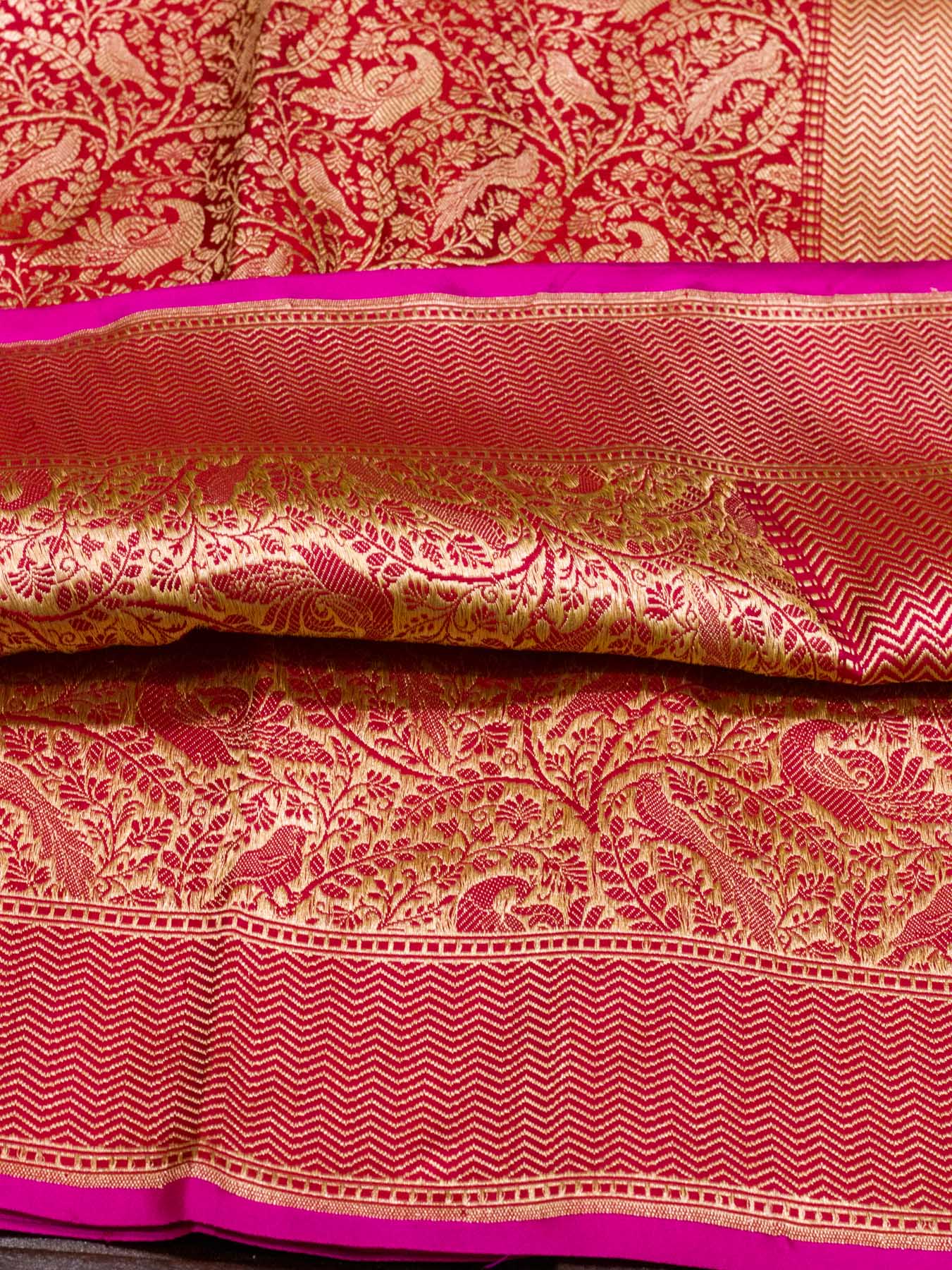 Rani Pink Shikargah Pure Katan Silk Handloom Saree Zari Brocade