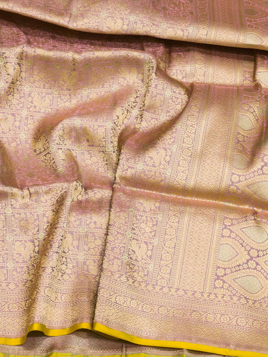 Light Lavender Shikargah Pure Katan Silk Handloom Saree Zari Brocade