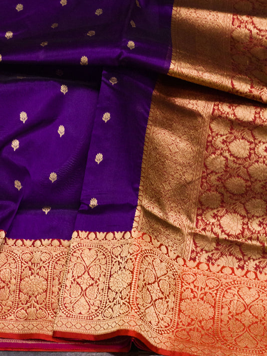 Purple Pure Kora Organza Silk Handloom Kadhwa Zari Buti Saree with Contrast Satin Border & Pallu