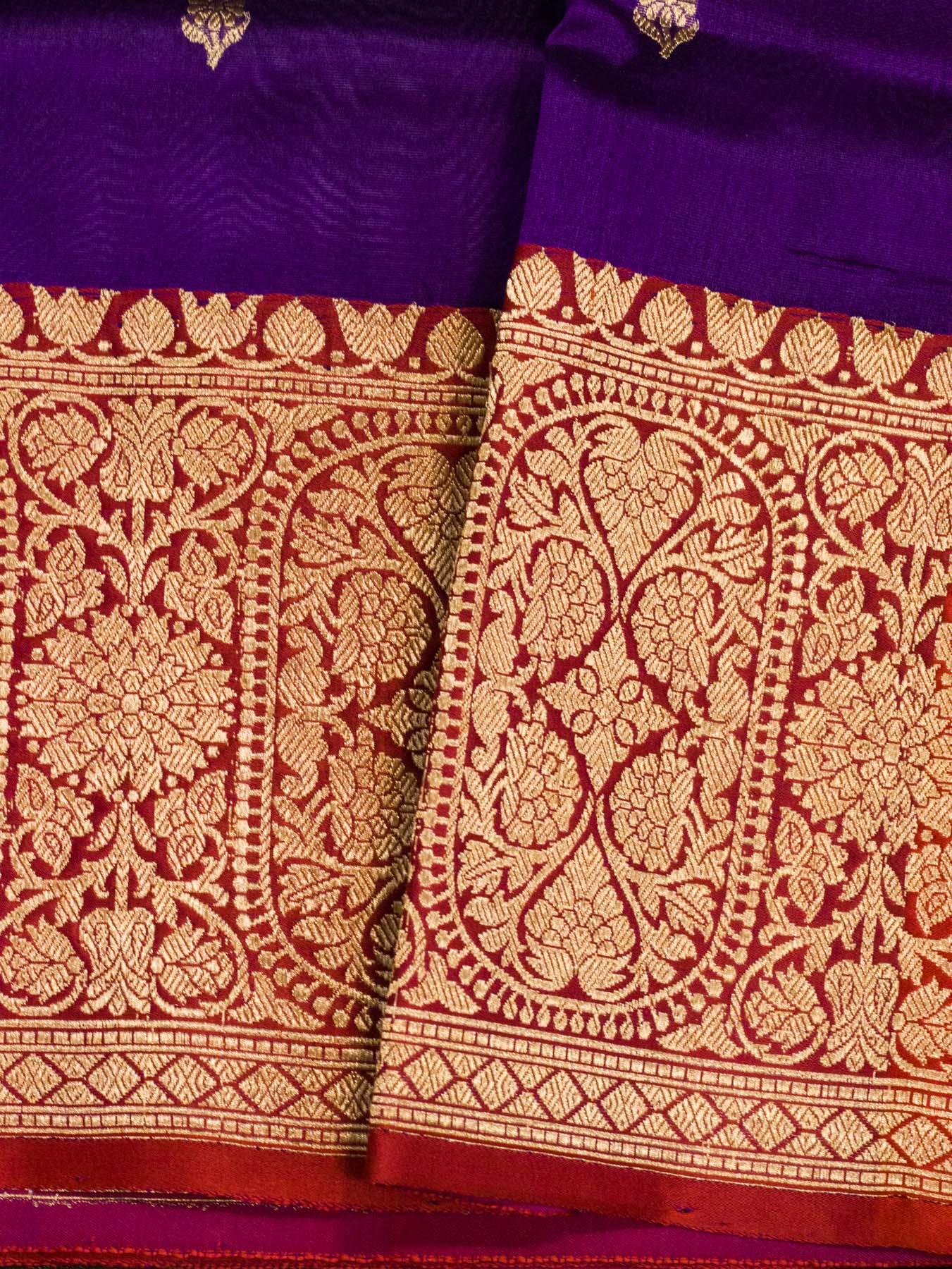 Purple Pure Kora Organza Silk Handloom Kadhwa Zari Buti Saree with Contrast Satin Border & Pallu