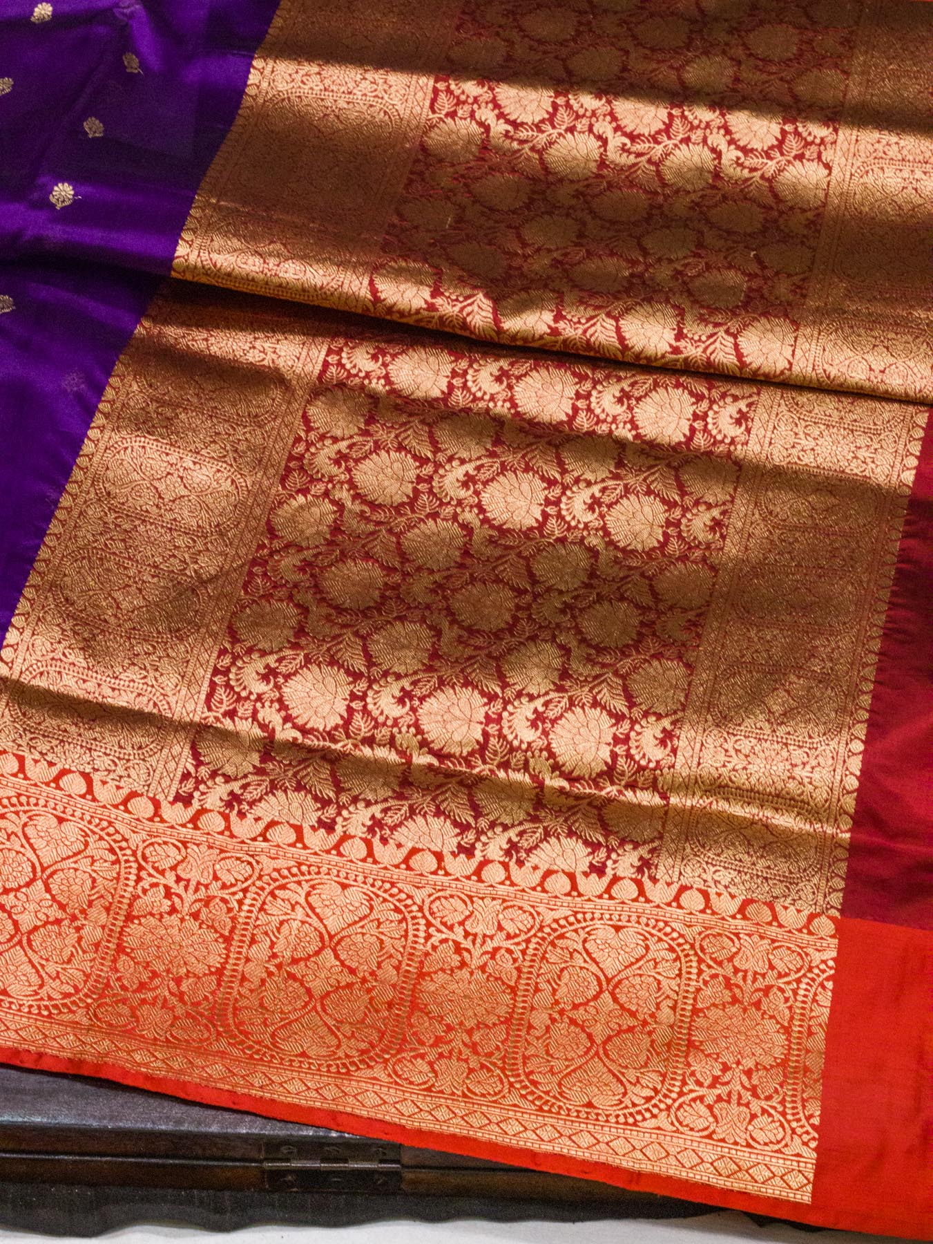 Purple Pure Kora Organza Silk Handloom Kadhwa Zari Buti Saree with Contrast Satin Border & Pallu