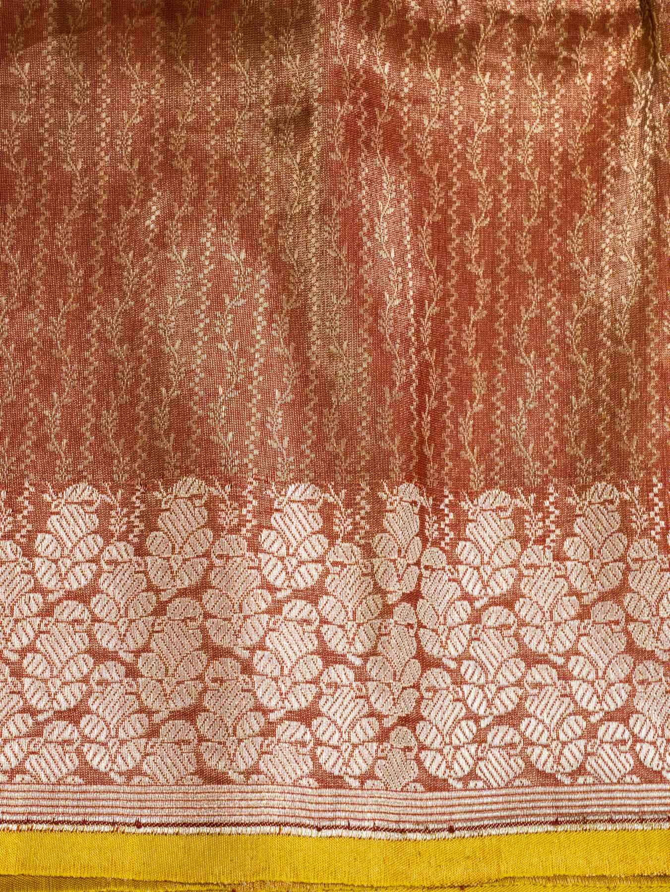 Dhoop Chaon Red Pure Satin Silk Tissue Handloom Saree with Khaddi Zari Brocade & Contrast Piping