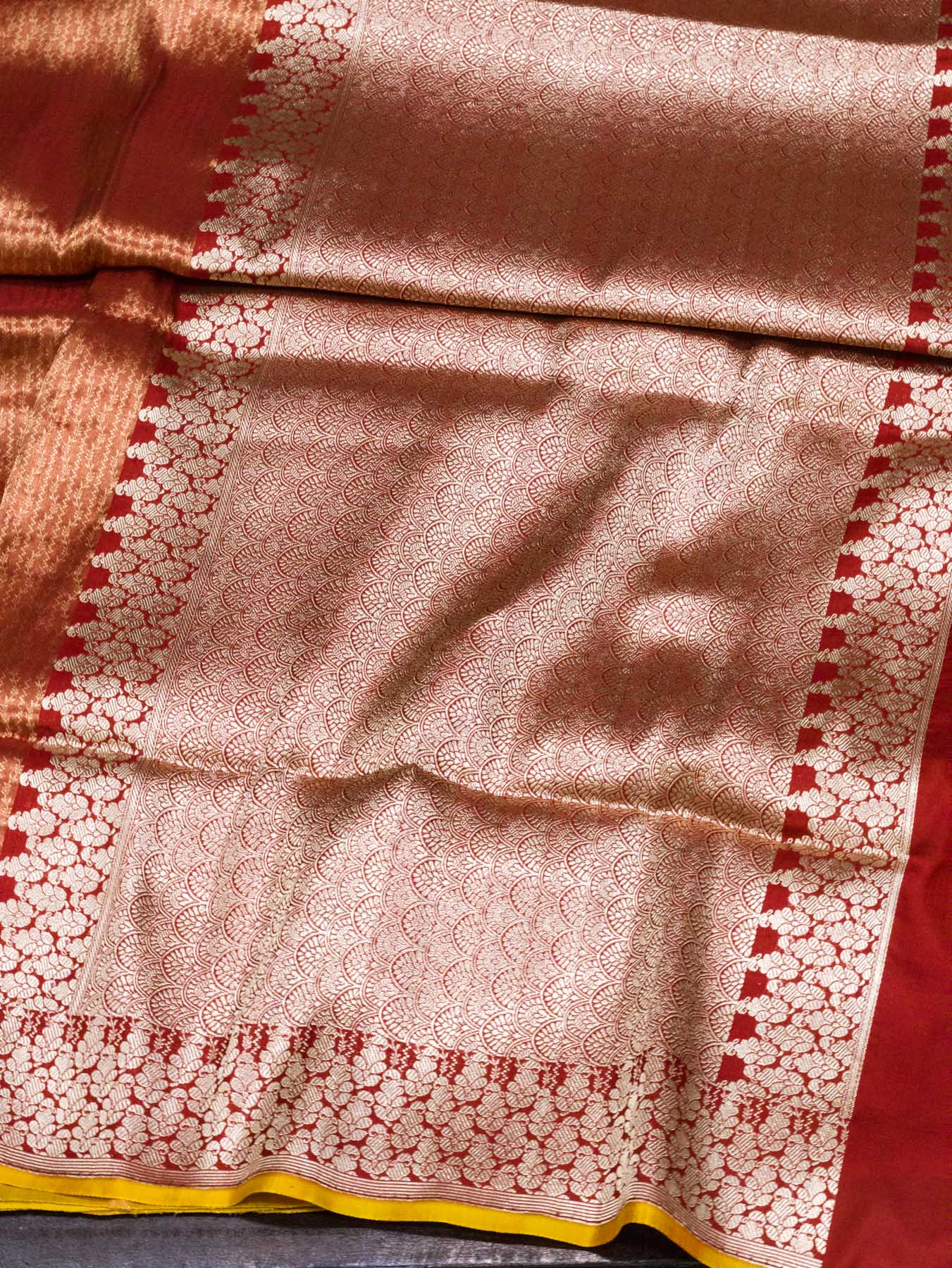 Dhoop Chaon Red Pure Satin Silk Tissue Handloom Saree with Khaddi Zari Brocade & Contrast Piping