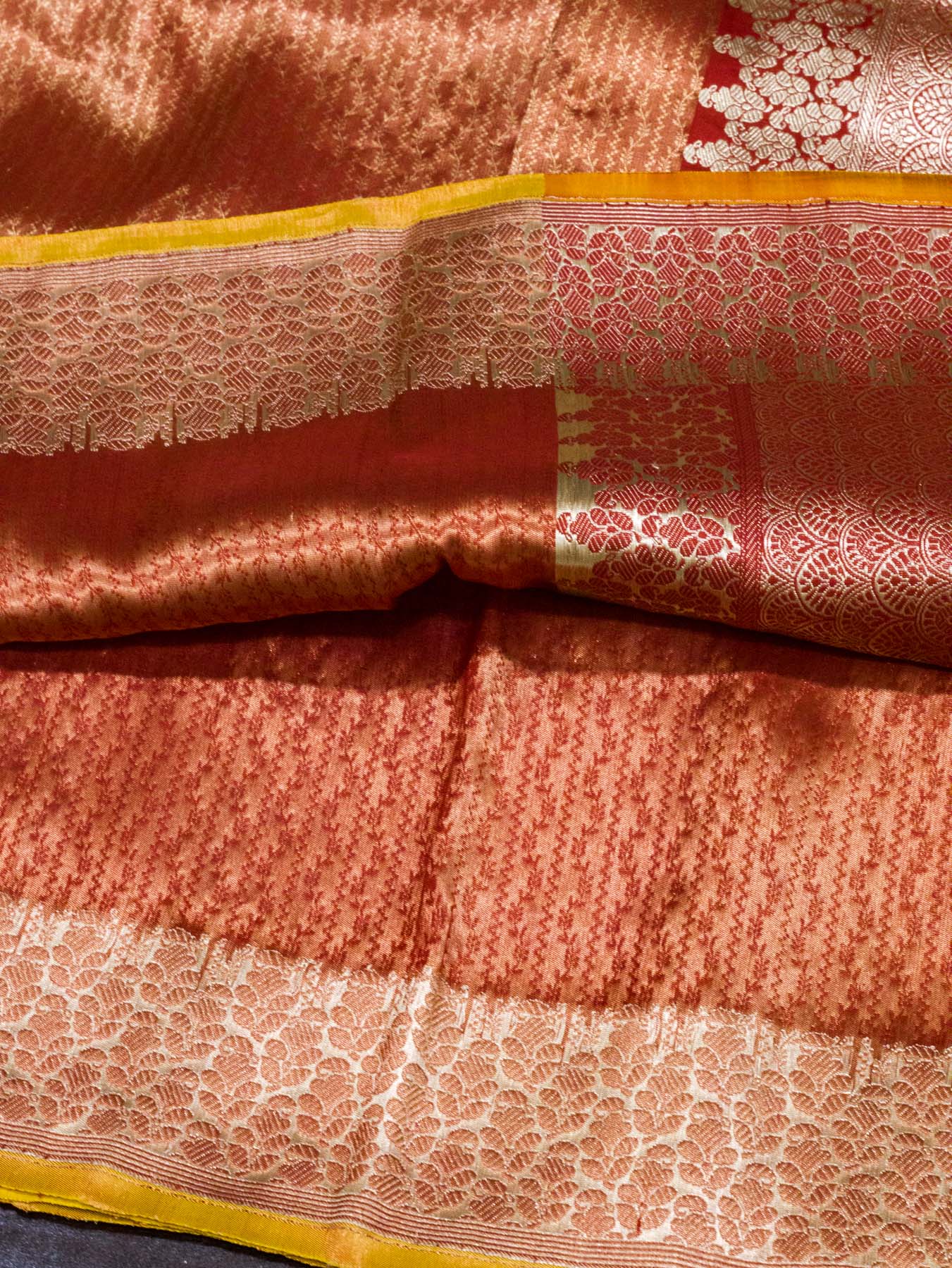 Dhoop Chaon Red Pure Satin Silk Tissue Handloom Saree with Khaddi Zari Brocade & Contrast Piping
