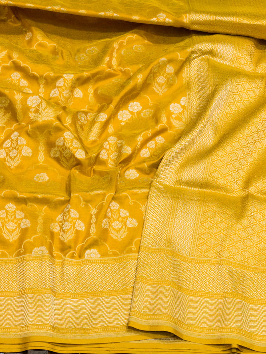 Mustard Yellow Pure Katan Silk Saree Khaddi WIth Gold & Silver Zari Jaal