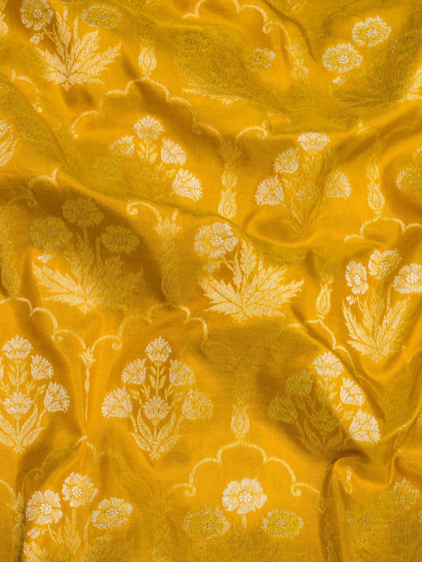 Mustard Yellow Pure Katan Silk Saree Khaddi WIth Gold & Silver Zari Jaal