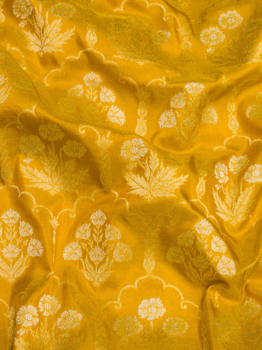 Mustard Yellow Pure Katan Silk Saree Khaddi WIth Gold & Silver Zari Jaal