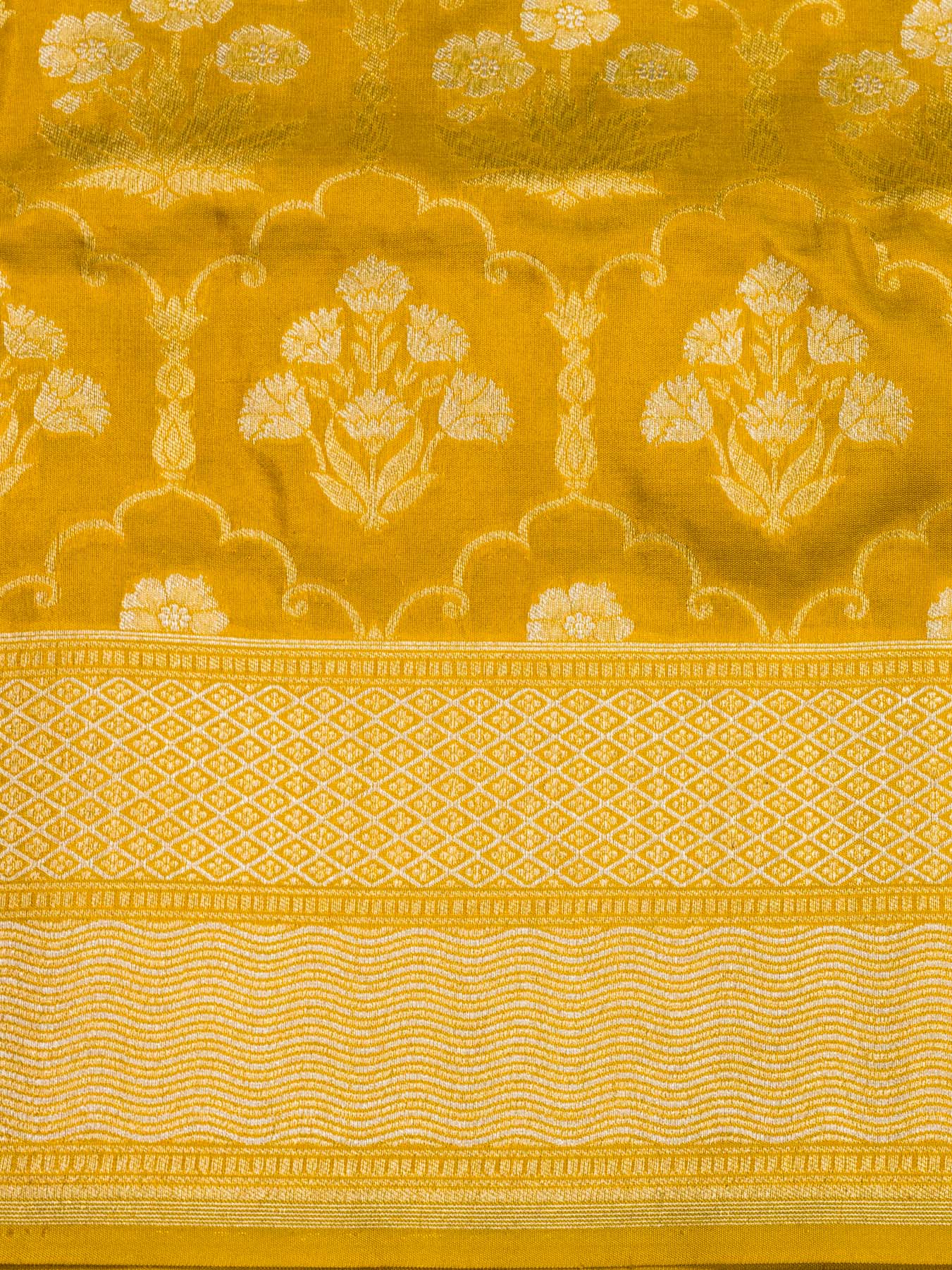 Mustard Yellow Pure Katan Silk Saree Khaddi WIth Gold & Silver Zari Jaal