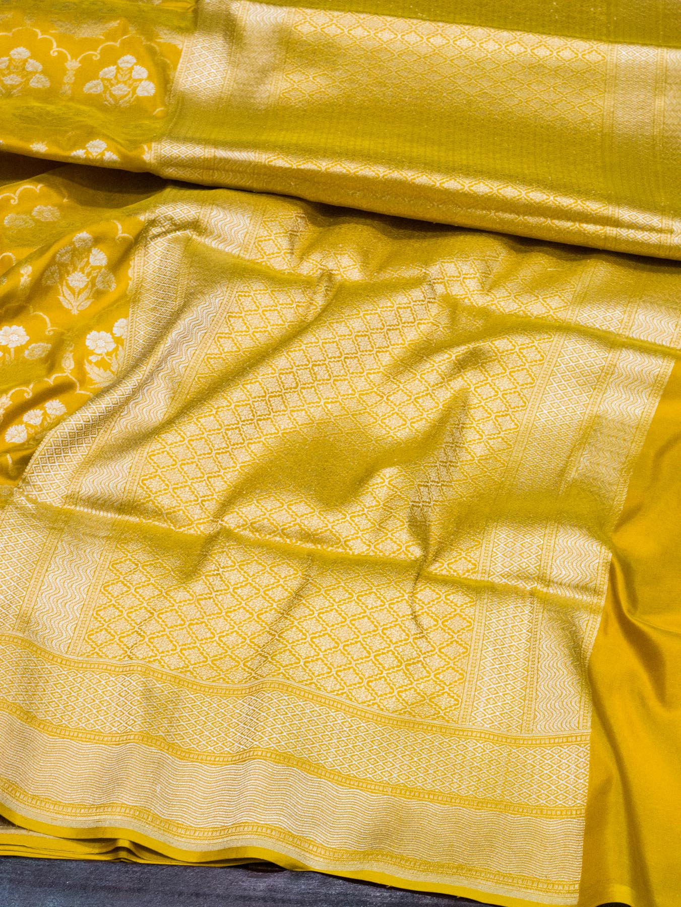 Mustard Yellow Pure Katan Silk Saree Khaddi WIth Gold & Silver Zari Jaal