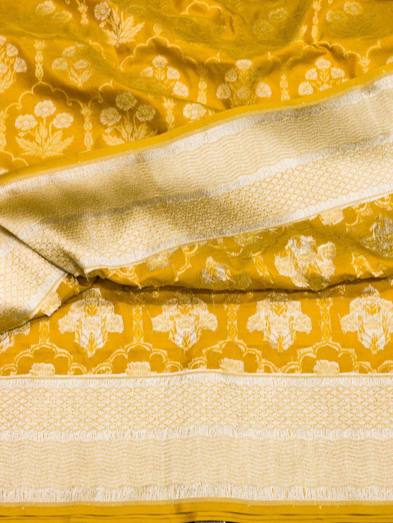 Mustard Yellow Pure Katan Silk Saree Khaddi WIth Gold & Silver Zari Jaal