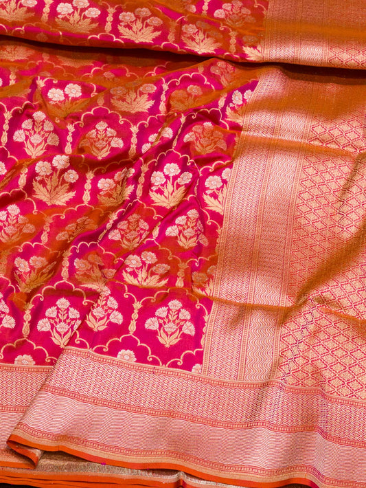 Dhoop Chaon Rani Pink Pure Katan Silk Saree Khaddi WIth Gold & Silver Zari Jaal