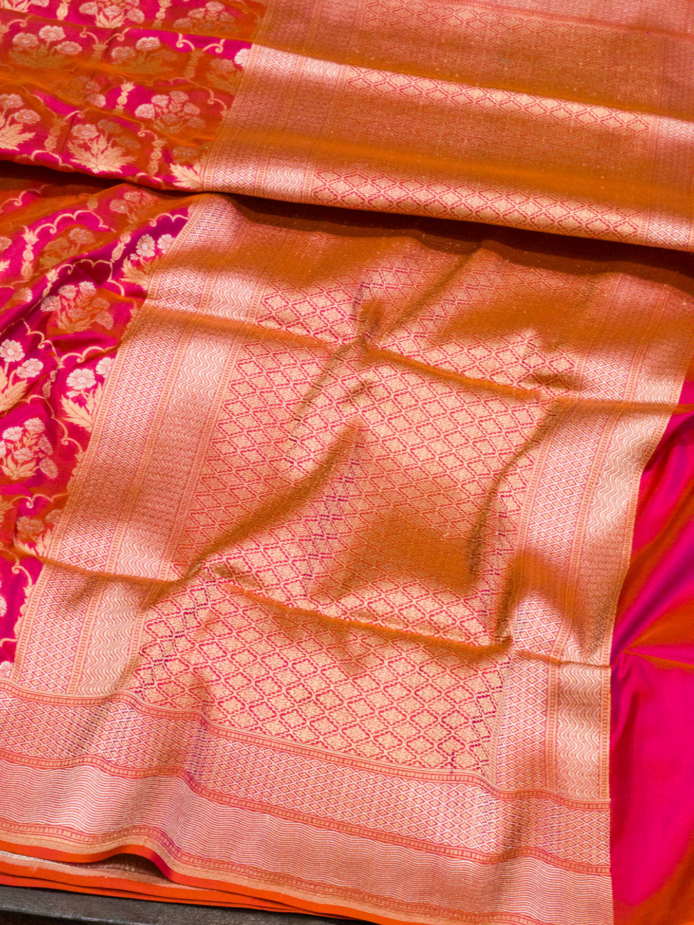 Dhoop Chaon Rani Pink Pure Katan Silk Saree Khaddi WIth Gold & Silver Zari Jaal