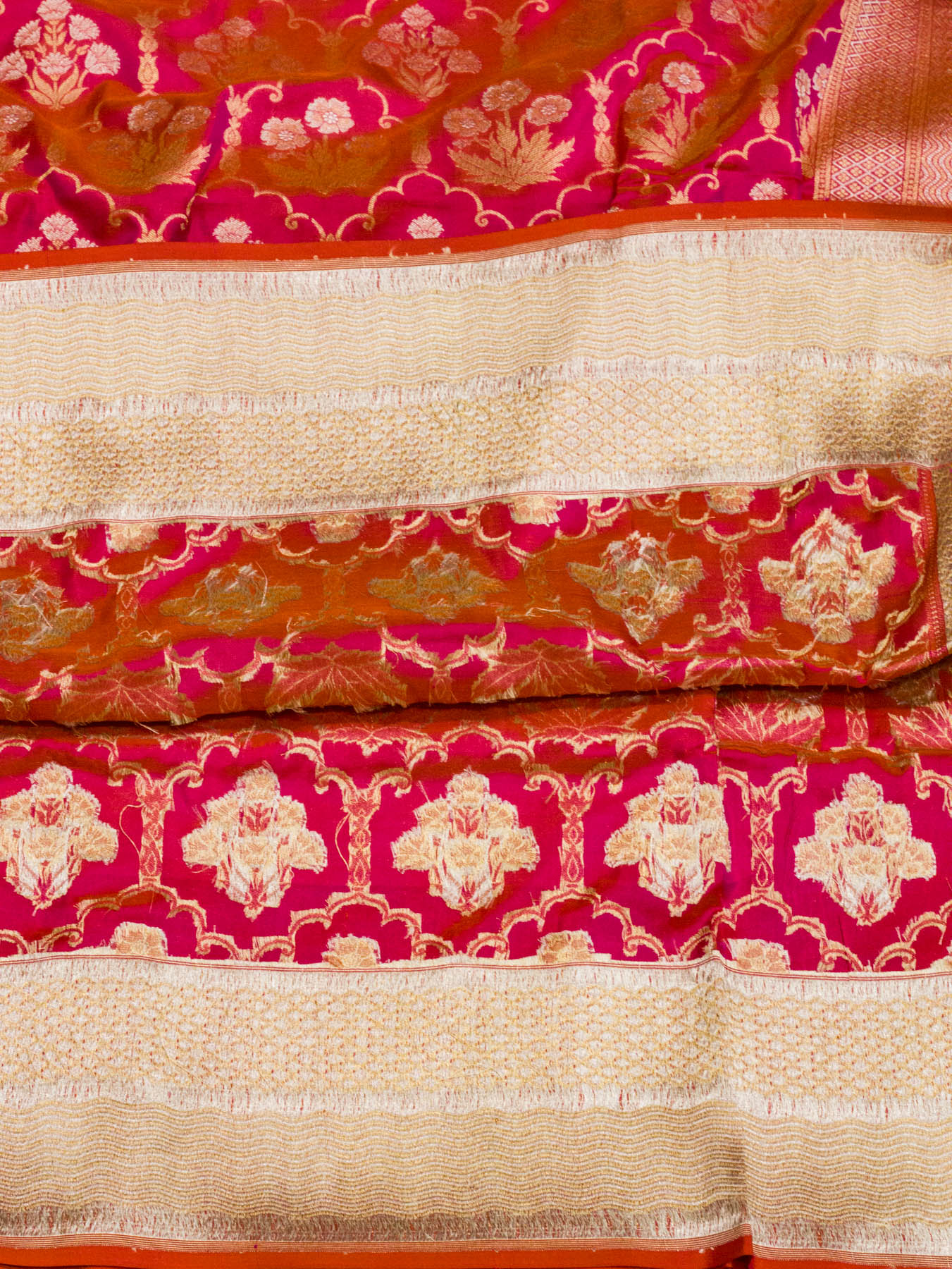 Dhoop Chaon Rani Pink Pure Katan Silk Saree Khaddi WIth Gold & Silver Zari Jaal