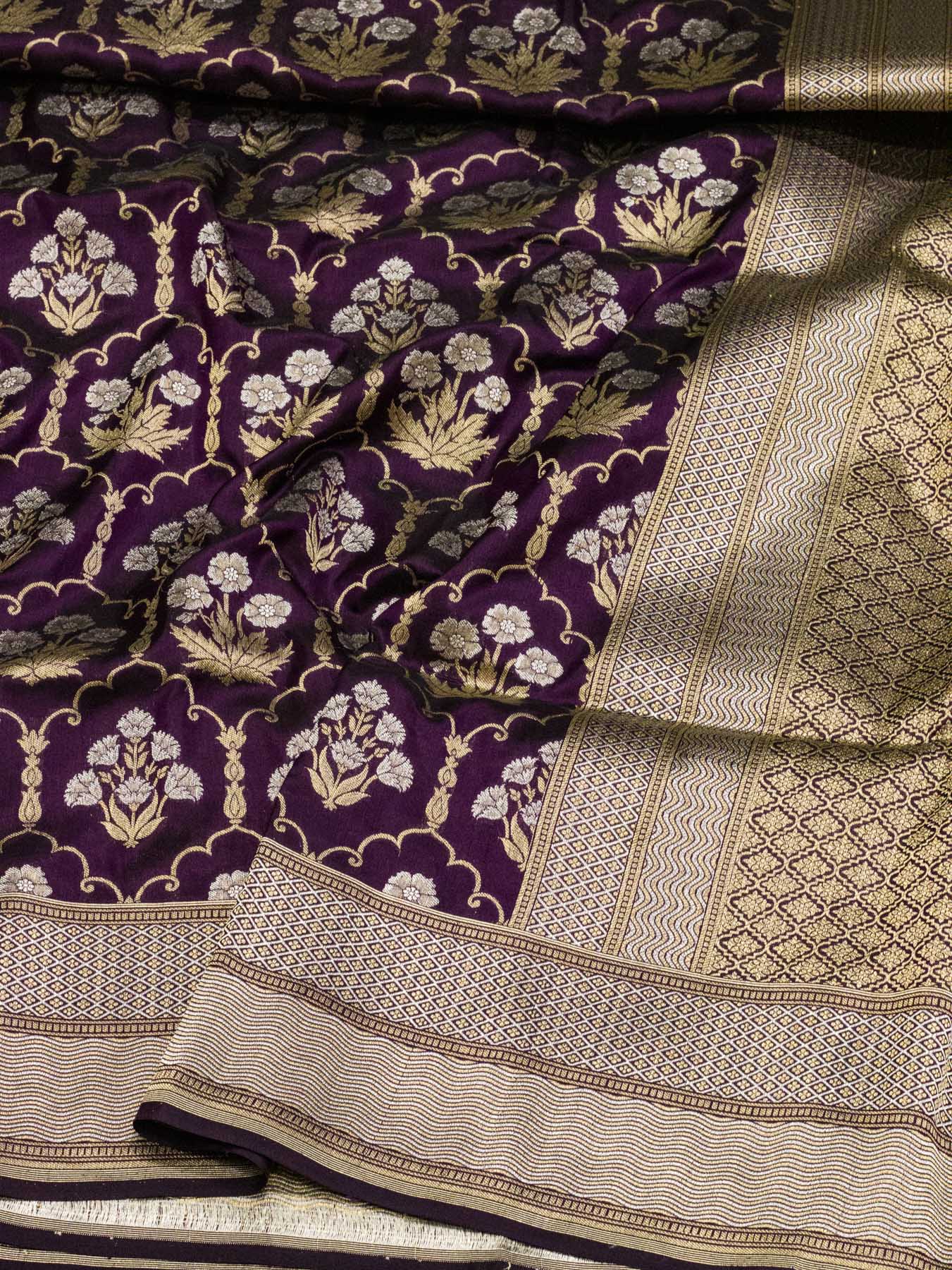 Garnet Pure Katan Silk Saree Khaddi WIth Gold & Silver Zari Jaal