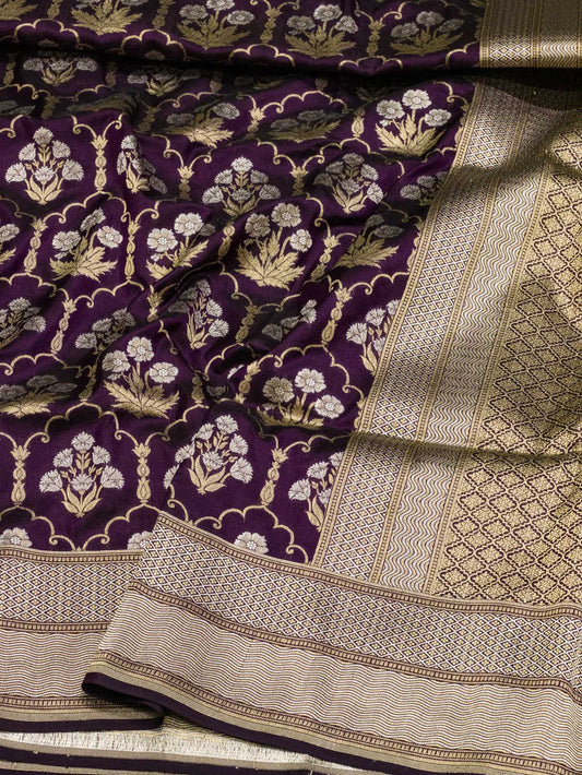 Garnet Pure Katan Silk Saree Khaddi WIth Gold & Silver Zari Jaal