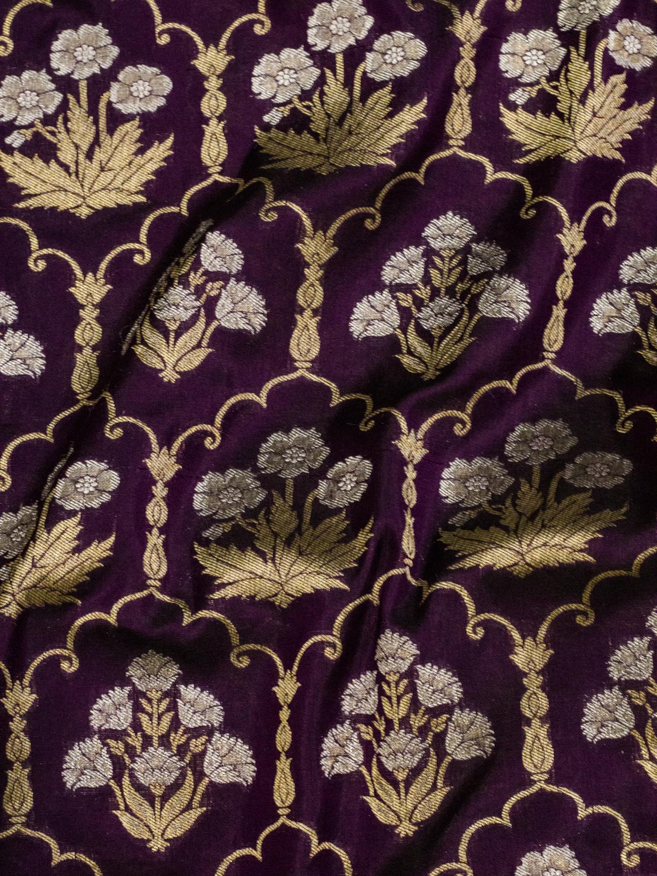 Garnet Pure Katan Silk Saree Khaddi WIth Gold & Silver Zari Jaal