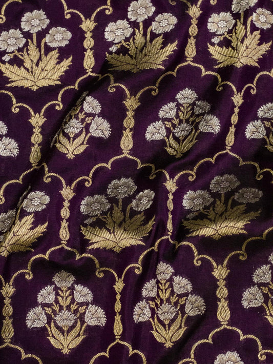 Garnet Pure Katan Silk Saree Khaddi WIth Gold & Silver Zari Jaal