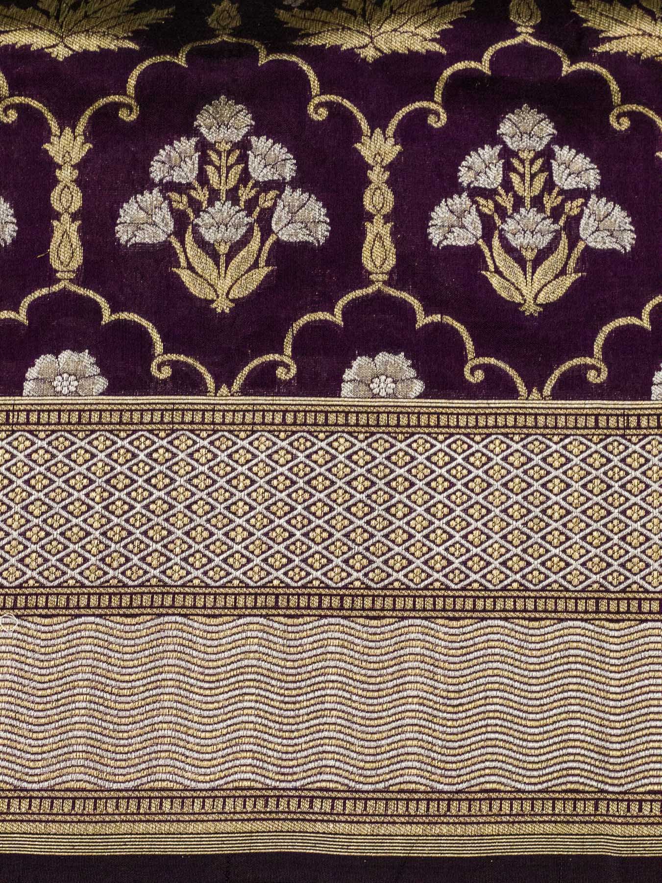 Garnet Pure Katan Silk Saree Khaddi WIth Gold & Silver Zari Jaal