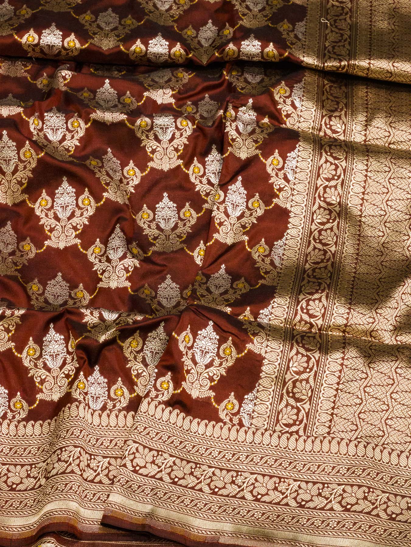 Dark Maroon Pure Katan Silk Saree Khaddi With Gold & Silver Zari Tilfi Meenakari Jaal