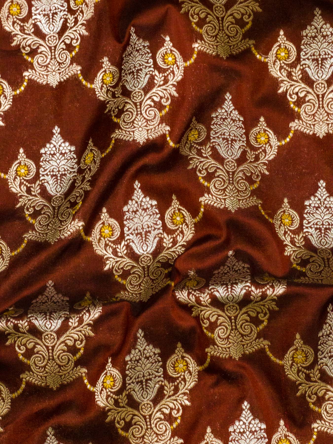 Dark Maroon Pure Katan Silk Saree Khaddi With Gold & Silver Zari Tilfi Meenakari Jaal