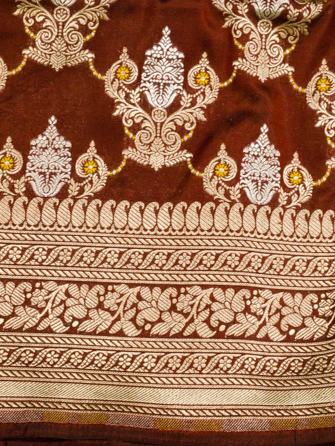 Dark Maroon Pure Katan Silk Saree Khaddi With Gold & Silver Zari Tilfi Meenakari Jaal