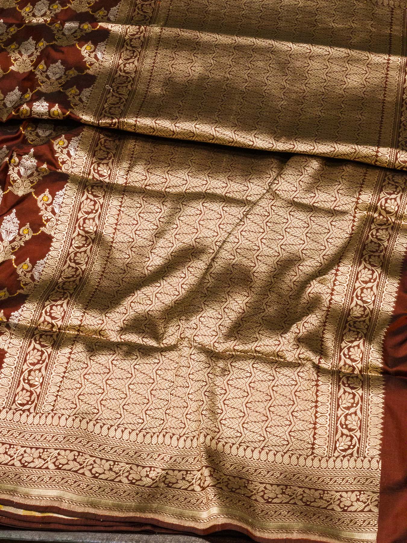 Dark Maroon Pure Katan Silk Saree Khaddi With Gold & Silver Zari Tilfi Meenakari Jaal
