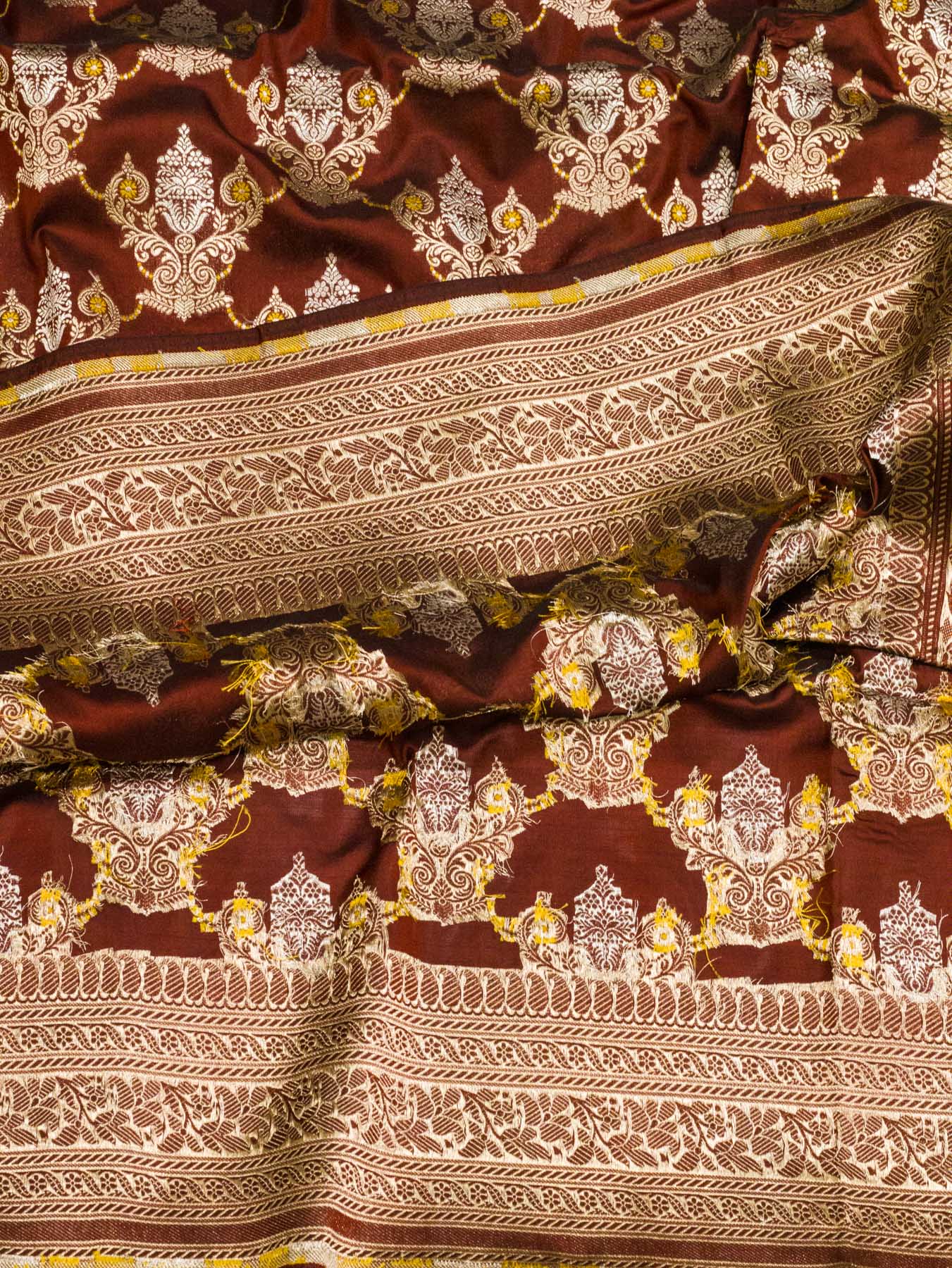 Dark Maroon Pure Katan Silk Saree Khaddi With Gold & Silver Zari Tilfi Meenakari Jaal
