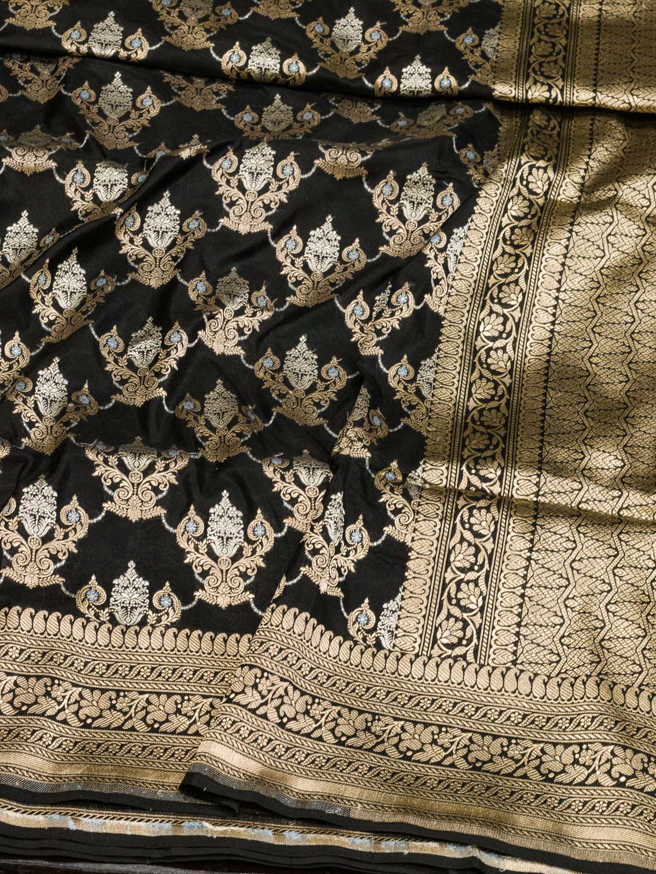 Black Pure Katan Silk Saree Khaddi With Gold & Silver Zari Tilfi Meenakari Jaal