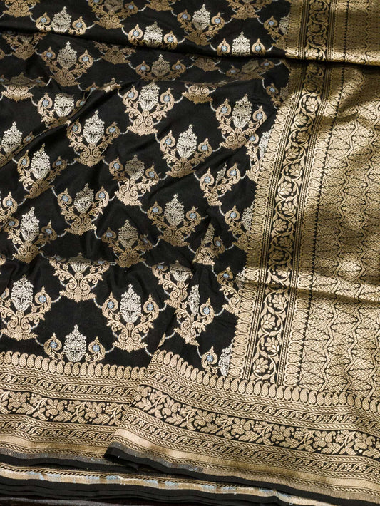 Black Pure Katan Silk Saree Khaddi With Gold & Silver Zari Tilfi Meenakari Jaal