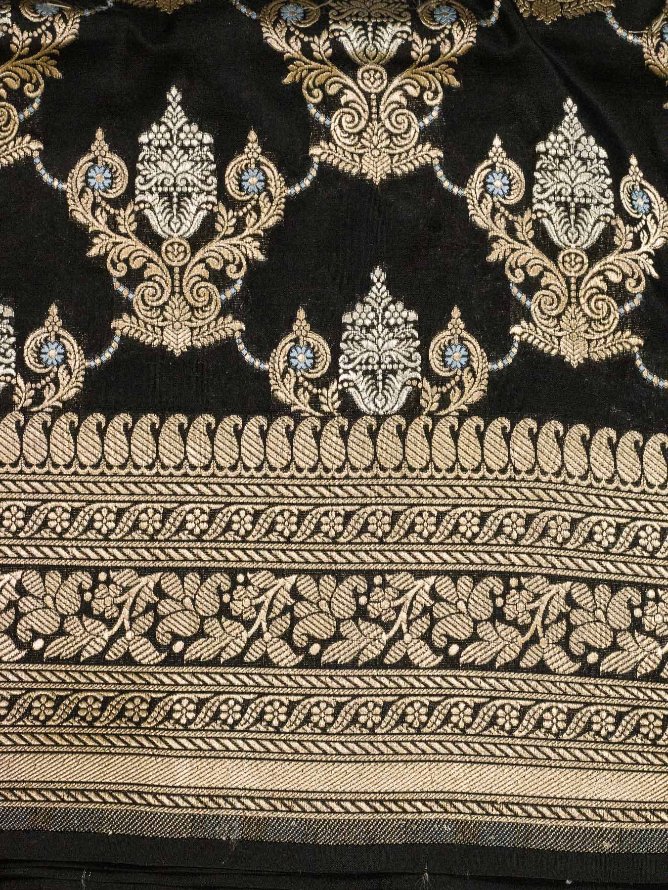 Black Pure Katan Silk Saree Khaddi With Gold & Silver Zari Tilfi Meenakari Jaal