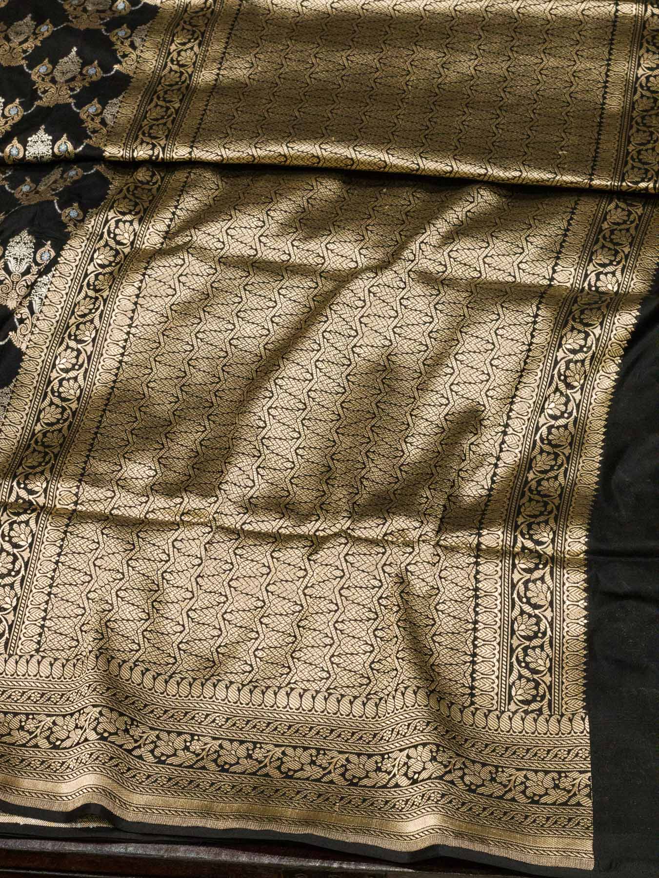 Black Pure Katan Silk Saree Khaddi With Gold & Silver Zari Tilfi Meenakari Jaal