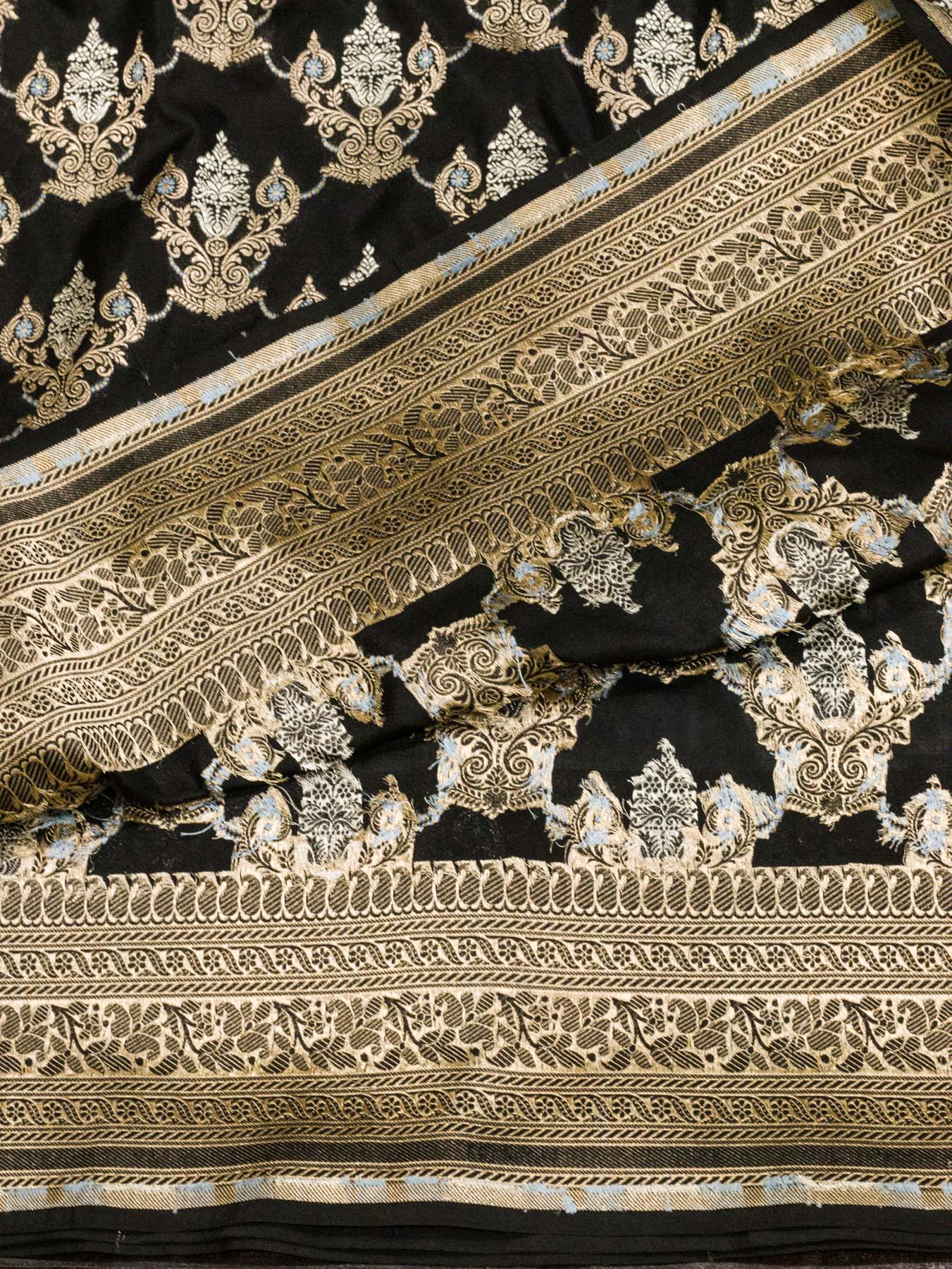 Black Pure Katan Silk Saree Khaddi With Gold & Silver Zari Tilfi Meenakari Jaal
