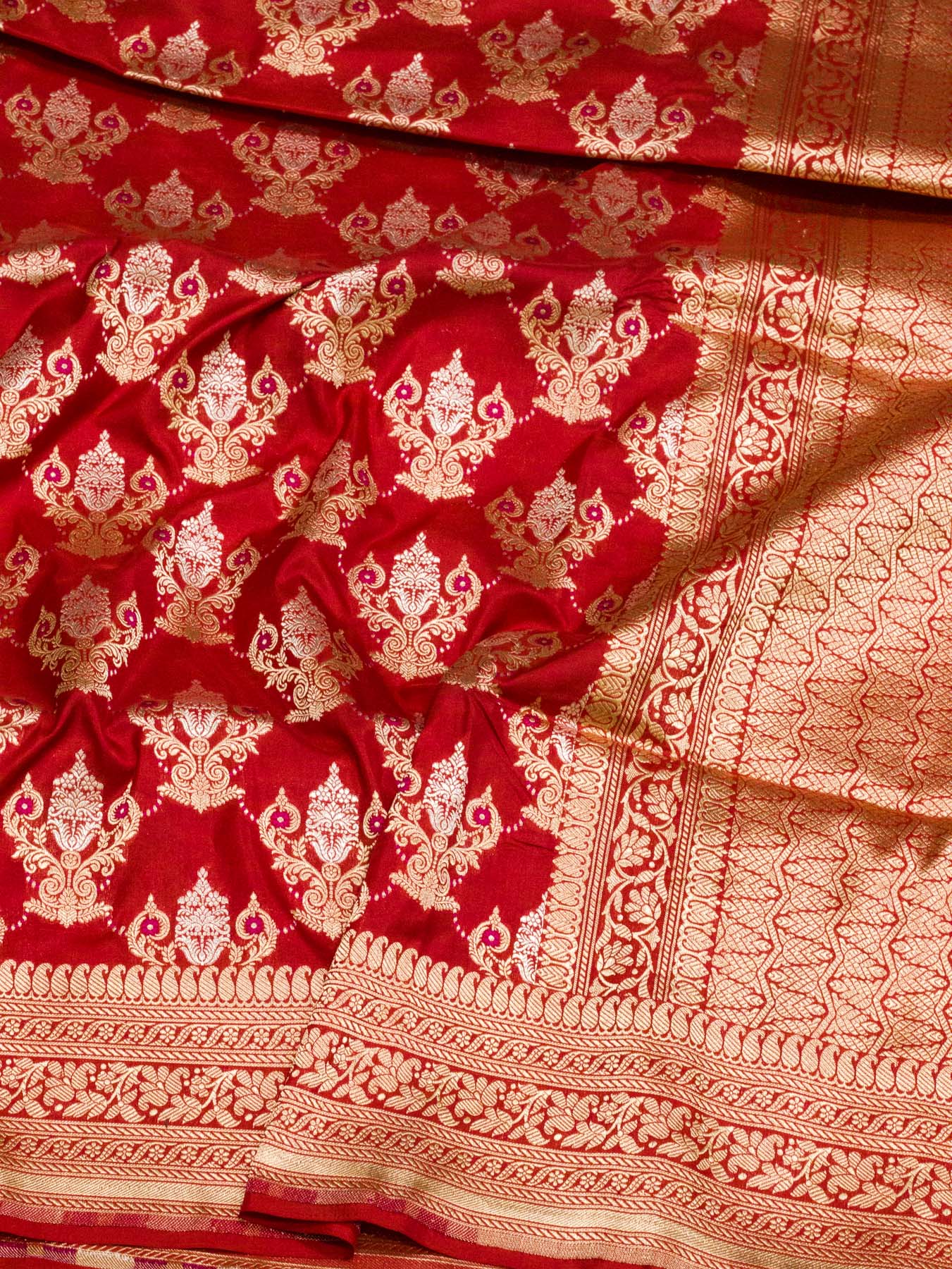 Bright Red Pure Katan Silk Saree Khaddi With Gold & Silver Zari Tilfi Meenakari Jaal