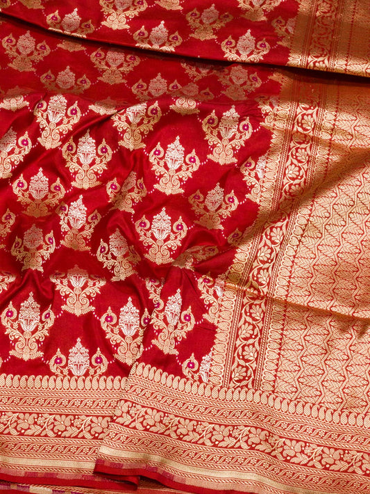 Bright Red Pure Katan Silk Saree Khaddi With Gold & Silver Zari Tilfi Meenakari Jaal