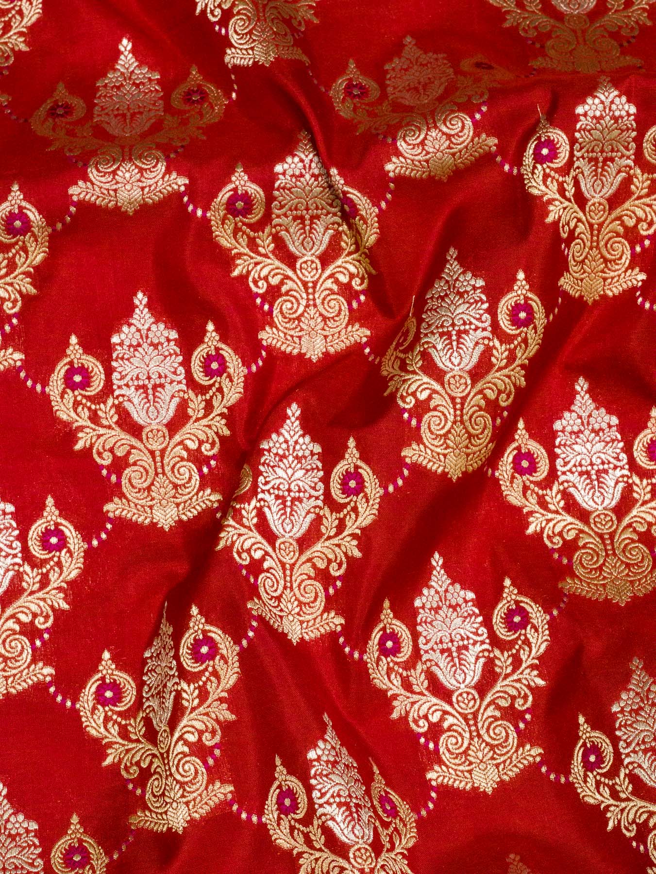 Bright Red Pure Katan Silk Saree Khaddi With Gold & Silver Zari Tilfi Meenakari Jaal