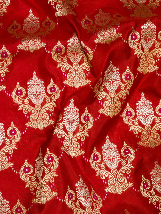 Bright Red Pure Katan Silk Saree Khaddi With Gold & Silver Zari Tilfi Meenakari Jaal