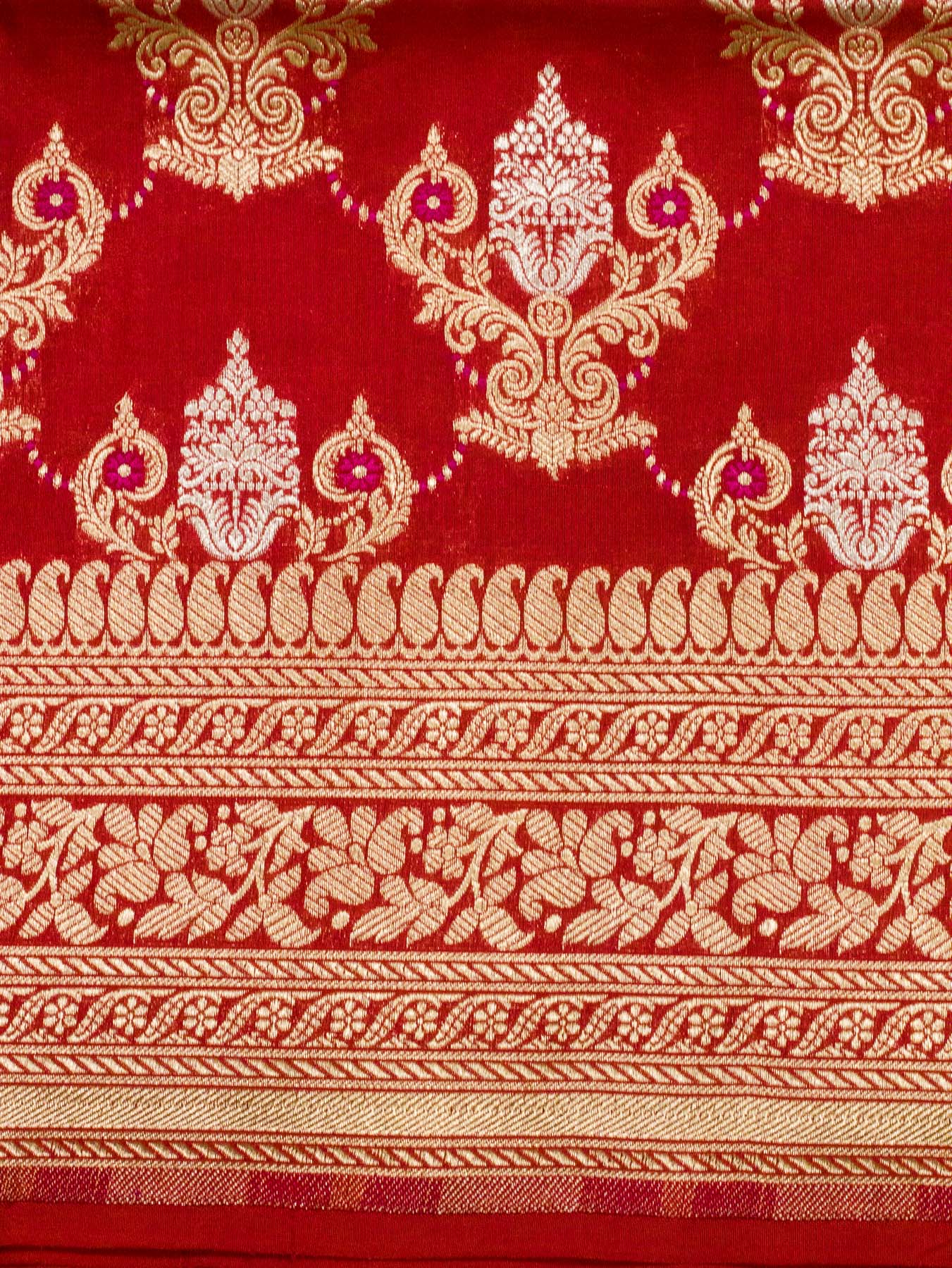 Bright Red Pure Katan Silk Saree Khaddi With Gold & Silver Zari Tilfi Meenakari Jaal