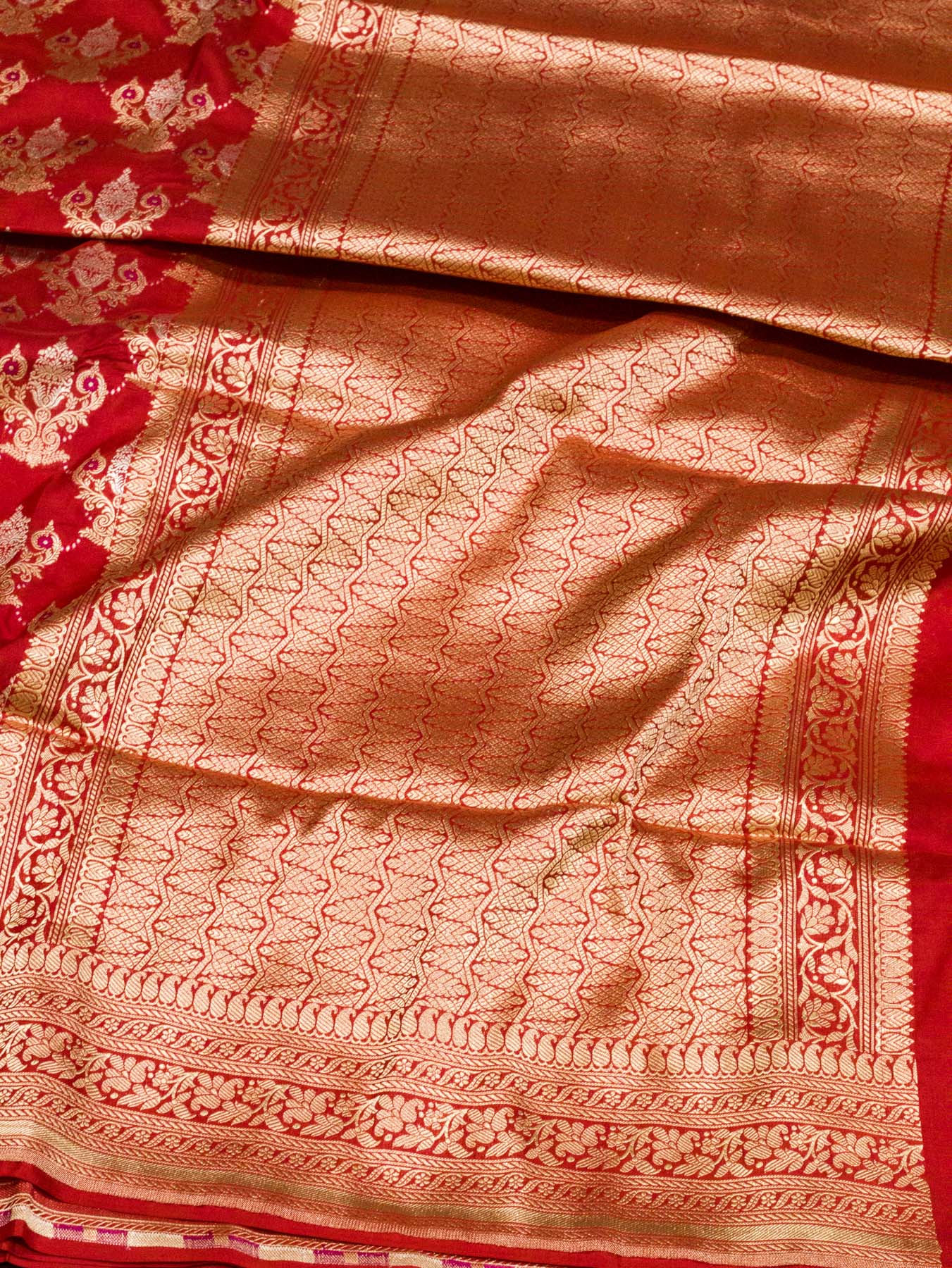 Bright Red Pure Katan Silk Saree Khaddi With Gold & Silver Zari Tilfi Meenakari Jaal