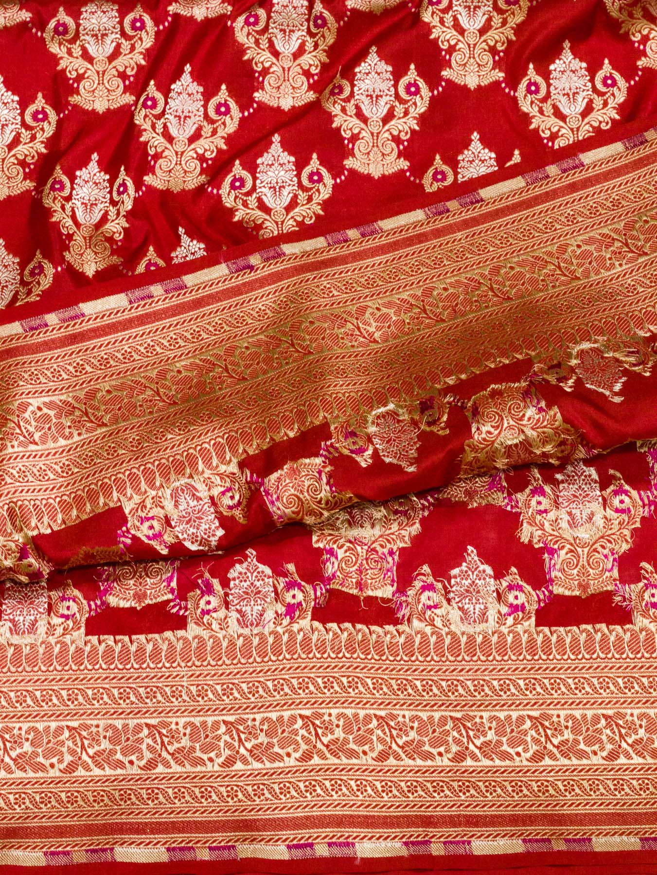 Bright Red Pure Katan Silk Saree Khaddi With Gold & Silver Zari Tilfi Meenakari Jaal